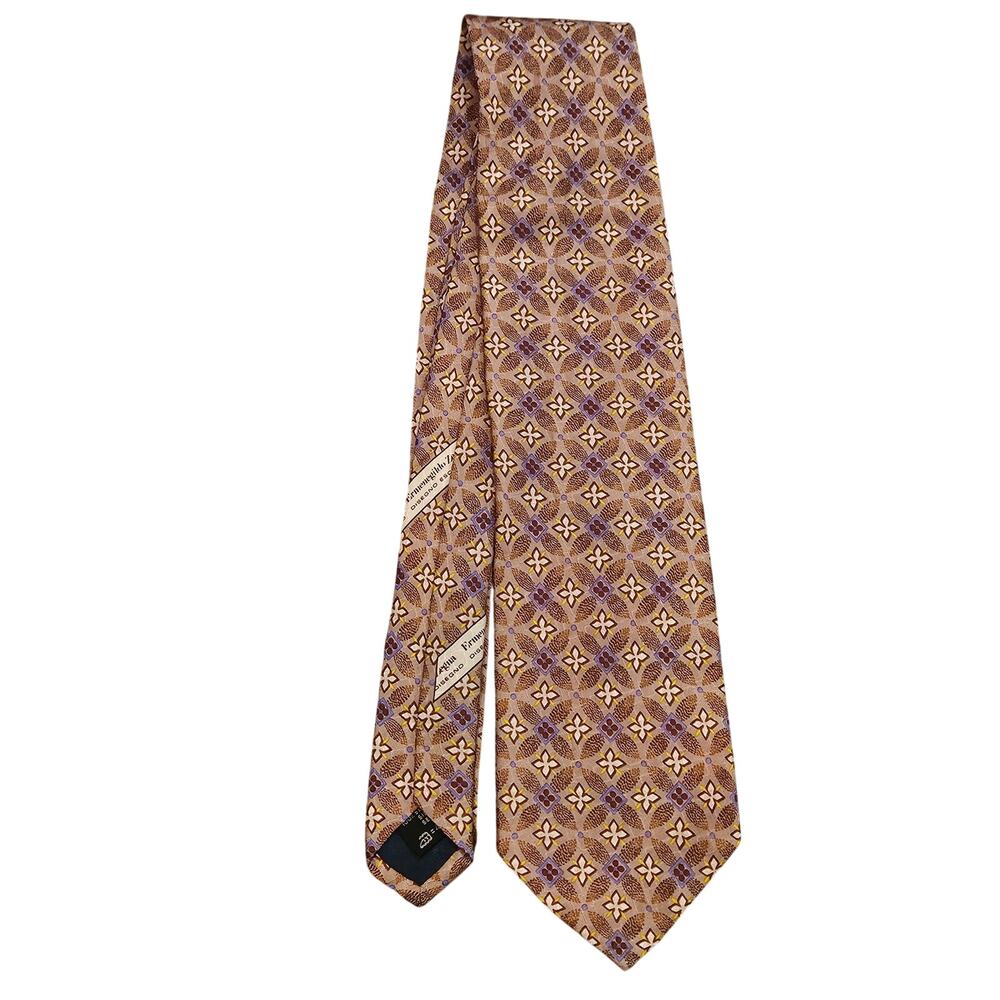 Ermenegildo Zegna Silk Tie Mens Geometric Tan Purple Italian Old Money‎ Timeless